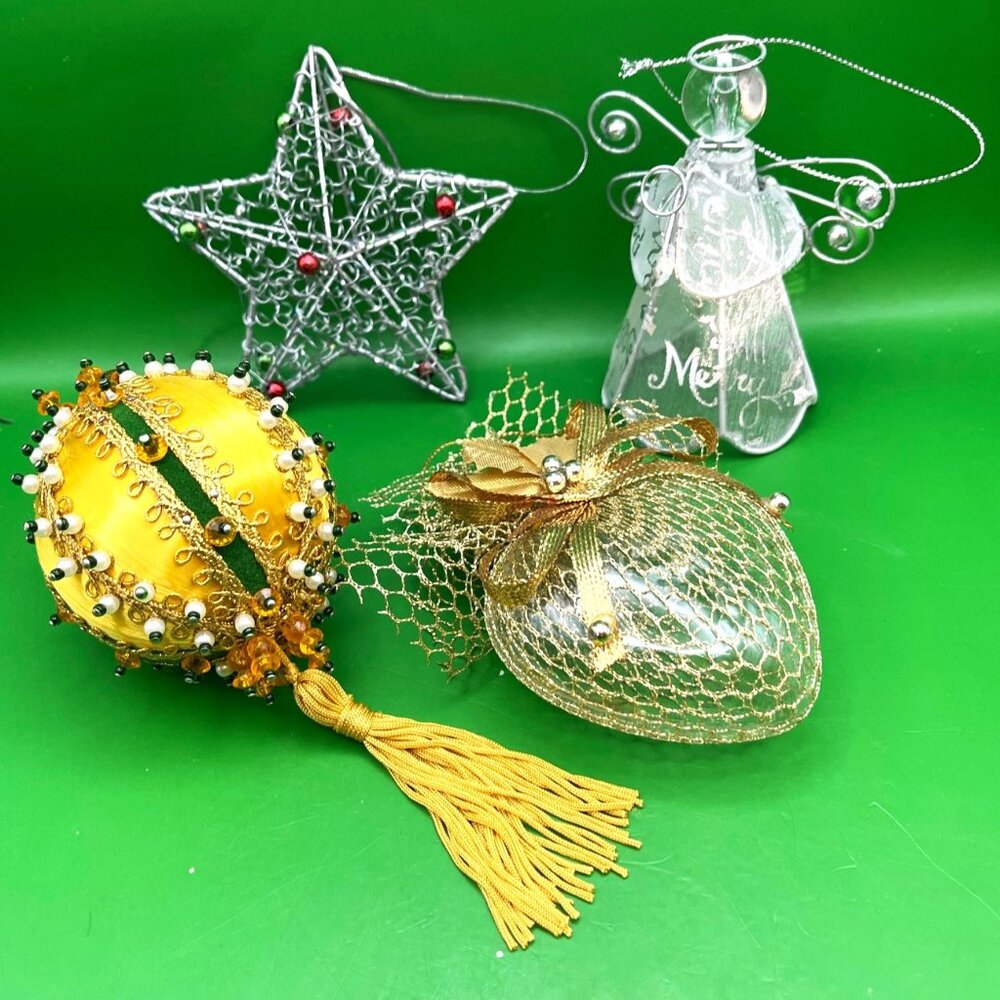 VTG Satin Ball Mesh Heart Star Angel Ornament Set/4 Gold Silver Tassel Beaded